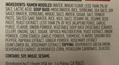 Ingredients Label for Annie Chun's Japanese-style Spicy Miso Ramen With Cooked Ramen Noodles Spicy Miso Broth With Corn, Carrots And Green Onions Soup Bowl - Verified NOT SAFE