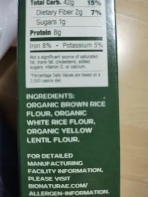 Ingredients Label for Bionaturae 100% Organic Gluten Free Rice & Lentil Pasta, Elbows - Verified CERTIFIED SAFE