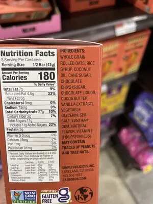 Ingredients Label for Bobo's Chocolate Chip Oat Bars - Verified CERTIFIED SAFE