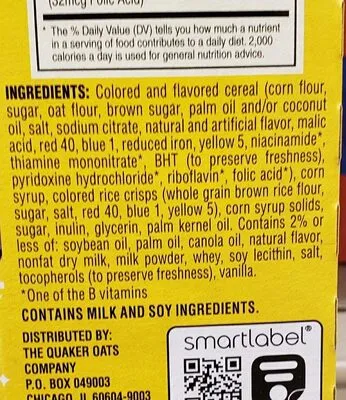 Ingredients Label for Cap'n Crunch's Crunch Berries Treats With Rice Crisps Cereal Bars - Verified PROCEED WITH CAUTION