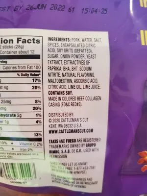 Ingredients Label for Cattleman's Cut Takis Fuego Hot Chili Pepper & Lime Flavored Meat Sticks - Verified PROCEED WITH CAUTION