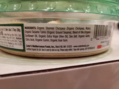 Ingredients Label for Cedar's Organic Original Hommus - Verified CERTIFIED SAFE