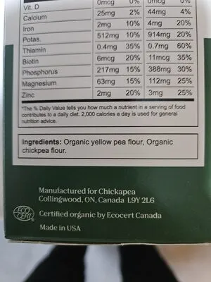 Ingredients Label for Chickapea Organic Chickpeas And Lentils Pasta, Elbows - Verified CERTIFIED SAFE