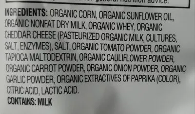 Ingredients Label for Earth's Best Organic Organic Veggie Puffs Cheddar - Verified CERTIFIED SAFE
