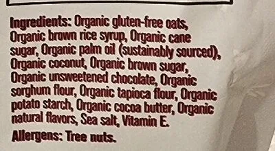 Ingredients Label for E&c's Organic Oatmeal Dark Chocolate Gluten-free Cookies - Verified CERTIFIED SAFE