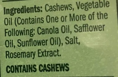 Ingredients Label for Emerald Roasted & Salted Whole Cashews - Verified MANUFACTURER LABELED GLUTEN-FREE
