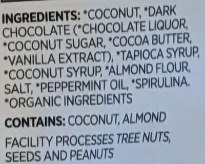 Ingredients Label for Emmy's Organics Mint Bites Chocolate Covered Coconut Cookies - Verified CERTIFIED SAFE