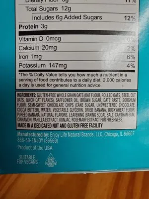 Ingredients Label for Enjoy Life Chocolate Chip Banana Soft Baked Fruit & Oat Breakfast Ovals Bars - Verified CERTIFIED SAFE