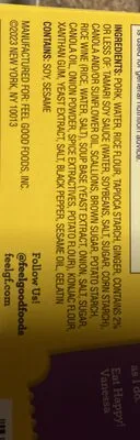 Ingredients Label for Feel Good Foods Pork Soup Dumplings - Verified CERTIFIED SAFE