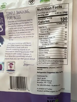 Ingredients Label for Fruit Bliss Organic & Dried Figs - Verified CERTIFIED SAFE