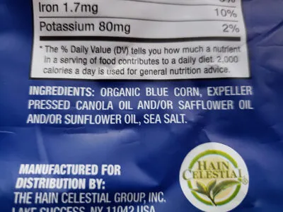Ingredients Label for Garden Of Eatin' Blue Corn Tortilla Chips - Verified CERTIFIED SAFE
