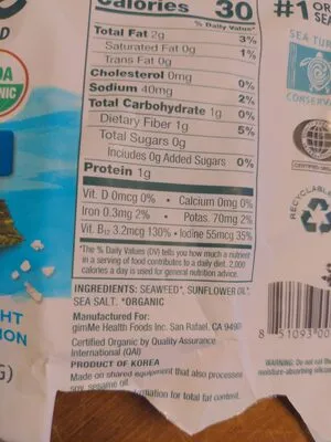 Ingredients Label for Gimme Sea Salt Roasted Seaweed Snacks - Verified CERTIFIED SAFE