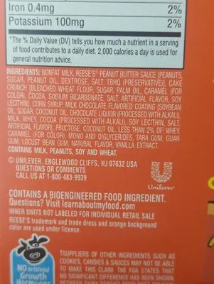 Ingredients Label for Good Humor Reese's Flavored Peanut Butter Frozen Dessert Bars - Verified NOT SAFE