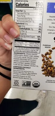 Ingredients Label for Health Warrior Dark Chocolate Flavor Pumpkin Seed Bars - Verified MANUFACTURER LABELED GLUTEN-FREE