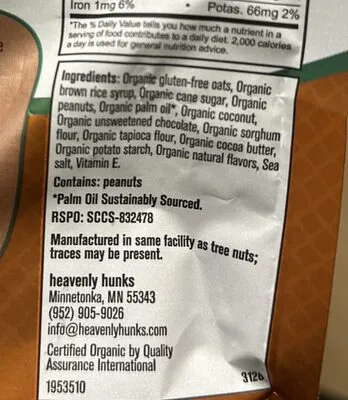 Ingredients Label for Heavenly Hunks Peanut Butter Chocolate Gluten-free Cookies - Verified CERTIFIED SAFE