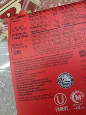 Ingredients Label for Impossible Burger Patties Made From Plants - Verified CERTIFIED SAFE