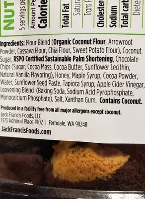 Ingredients Label for Jack’s Allergen Friendly Bakery Jack's Allergen Friendly Chocolate Chip Brookies - Verified CERTIFIED SAFE