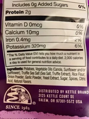Ingredients Label for Kettle Foods Kettle Brand Potato Chips, Krinkle Cut, Truffle Oil And Sea Salt Kettle Chips - Verified CERTIFIED SAFE