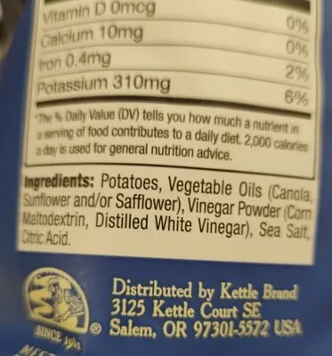 Ingredients Label for Kettle Foods Kettle Brand Sea Salt And Vinegar Kettle Potato Chips, Gluten-free, Non-gmo - Verified CERTIFIED SAFE