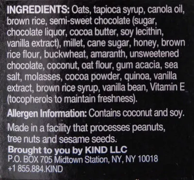 Ingredients Label for Kind Double Dark Chocolate Healthy Grains Granola Bars - Verified MANUFACTURER LABELED GLUTEN-FREE