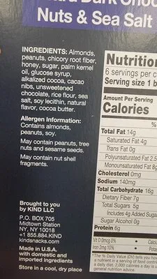Ingredients Label for Kind Extra Dark Chocolate Nuts & Sea Salt Heroes Bars - Verified MANUFACTURER LABELED GLUTEN-FREE