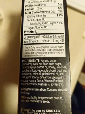 Ingredients Label for Kind Nut Butter Honey Almond Butter Filled Snack Bars - Verified MANUFACTURER LABELED GLUTEN-FREE