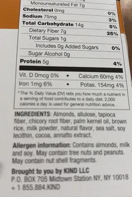 Ingredients Label for Kind Zero Caramel Almond & Sea Salt Flavored Bars - Verified PROCEED WITH CAUTION