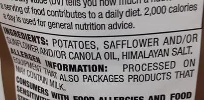 Ingredients Label for Kirkland Signature Himalayan Salt Krinkle Cut Potato Chips, Himalayan Sait - Verified CERTIFIED GLUTEN-FREE