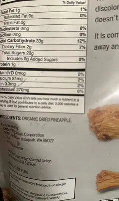 Ingredients Label for Kirkland Signature Organic Pineapple Tidbits - Verified CERTIFIED GLUTEN-FREE