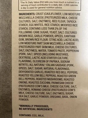 Ingredients Label for Kirkland Signature Supreme Pepperoni, Sausage, Roasted Vegetables - Verified CERTIFIED SAFE