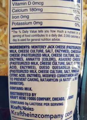 Ingredients Label for Kraft Mexican Style Four Cheese Shredded Monterey Jack, Cheddar. Asadero & Queso Quesadilla Cheeses - Verified PROCEED WITH CAUTION