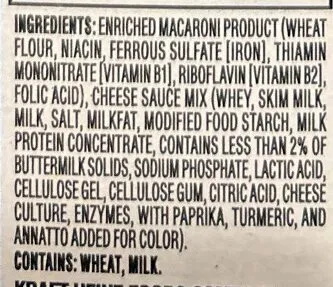 Ingredients Label for Kraft Three Cheese Pasta Shells Pasta & Cheese Sauce Mix - Verified NOT SAFE