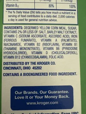 Ingredients Label for Kroger Corn Flakes Toasted Cereal - Verified NOT SAFE
