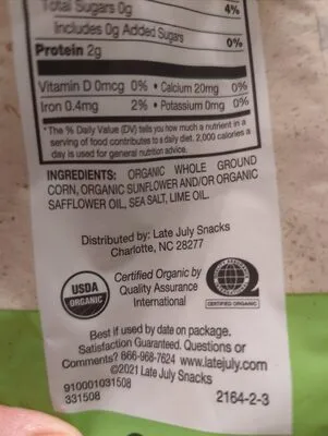 Ingredients Label for Late July Snacks Thin And Crispy Organic Tortilla Chips With Sea Salt And Lime, Bag - Verified CERTIFIED GLUTEN-FREE