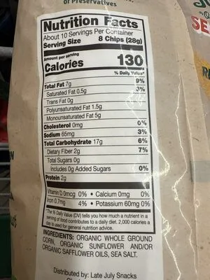 Ingredients Label for Late July Snacks Thin And Crispy Organic Tortilla Chips With Sea Salt, Bag - Verified CERTIFIED SAFE