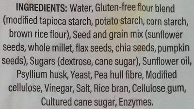 Ingredients Label for Little Northern Bakehouse Gluten Free Seeds & Grains Bread - Verified MANUFACTURER LABELED GLUTEN-FREE