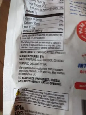 Ingredients Label for Made In Nature Apricots In The Buff Organic Dried Supersnacks - Verified CERTIFIED SAFE