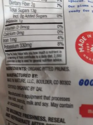 Ingredients Label for Made In Nature Organic Dried Plums - Verified CERTIFIED SAFE