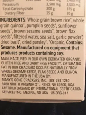 Ingredients Label for Mary's Gone Crackers Basil + Garlic Super Seed Crackers - Verified CERTIFIED SAFE