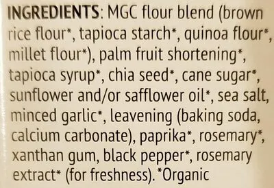 Ingredients Label for Mary's Gone Crackers Garlic Rosemary Real Thin Crackers - Verified CERTIFIED SAFE