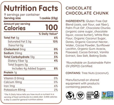 Ingredients Label for Maxine's Heavenly Chocolate Super Soft Chocolate Chunk Cookies - Verified CERTIFIED SAFE