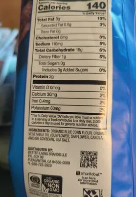 Ingredients Label for O Organics Blue Corn Tortilla Chips With Sea Salt, Blue Corn With Sea Salt - Verified CERTIFIED SAFE
