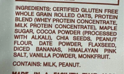 Ingredients Label for Oats Overnight Chocolate Peanut Butter Banana - Verified CERTIFIED SAFE