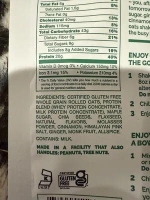 Ingredients Label for Oats Overnight Gingerbread - Verified CERTIFIED SAFE