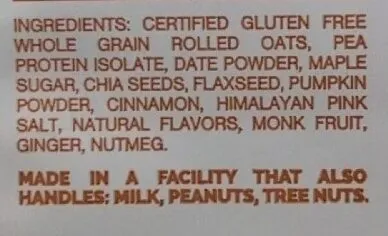 Ingredients Label for Oats Overnight Pumpkin Pie - Verified CERTIFIED SAFE