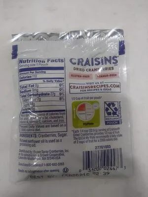 Ingredients Label for Ocean Spray Original Dried Cranberries - Verified CERTIFIED SAFE