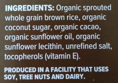 Ingredients Label for One Degree Organic Foods Sprouted Brown Rice Cacao Crisps - Verified CERTIFIED SAFE