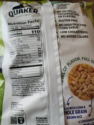 Ingredients Label for Quaker Apple Cinnamon Rice Crisps - Verified MANUFACTURER LABELED GLUTEN-FREE