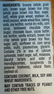 Ingredients Label for Quaker Chocolate Chip 25% Less Sugar Granola Bars - Verified NOT SAFE