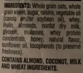 Ingredients Label for Quaker Oats, Honey, Raisins & Almonds Simply Granola - Verified NOT SAFE